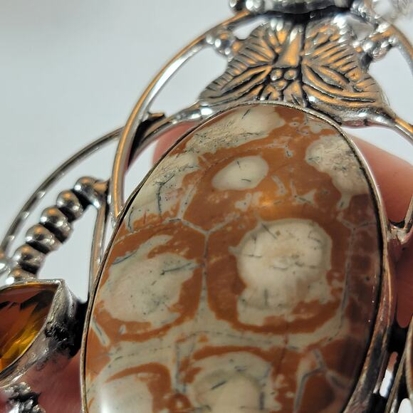 Leopard Jasper Pendant Necklace – With Citrine Accents + 20" Silver Chain - Picture 8 of 10